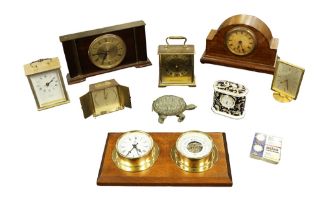 A mixed collection of mantle and carriage clocks, China Wedgewood clock, reproduction wall