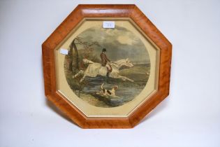 A Hunting interest framed and glazed "The Flying Leap" circular colour engraving, in octagonal