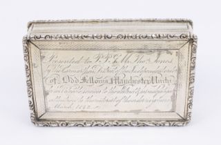 A Victorian large silver snuff box of rectangular form, with engine turned decoration and relief