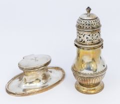 A George V silver sugar caster, pierced top with finial to top and gadrooned body leading to