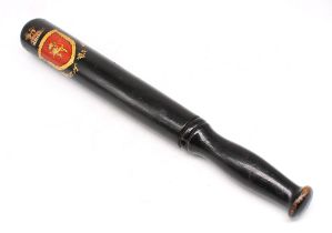 A rare 19th century Victorian truncheon, with ebonised finish, and painted with the arms of the ‘