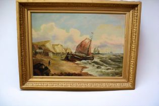An English school 19th Century coastal scene oil on canvas by C.Careline with gilt frame, 50cm x