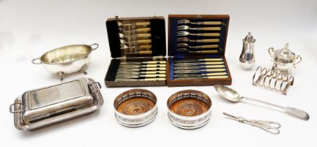 A collection of mixed silver plated wares including a pair of wine coasters, cased cutlery sets,