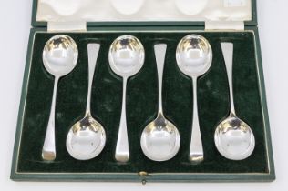 A cased set of six George VI silver soup spoons, hallmarked by Roberts & Belk, Sheffield, 1939, in