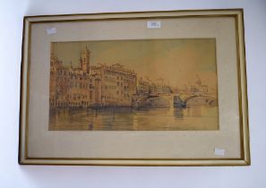 A framed and glazed watercolour of Venice scene with buildings and bridge, unsigned, approx. 47.