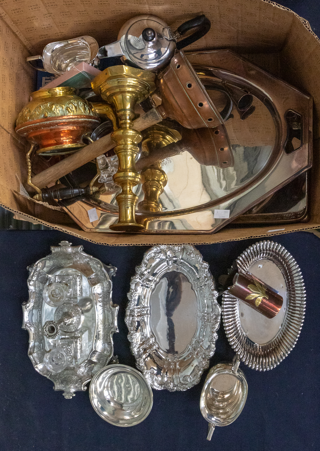 A collection of silver plated wares to include large trays/salvers, desk tidy/ink stand and flat