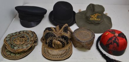 A collection of hats to include a mortar board used for graduation 1950s/60s, a silk mohair top