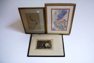 Collection of early to mid 20th century watercolours and etchings along with a wall mirror.