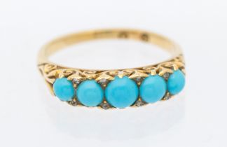 A Victorian graduated turquoise and diamond set 18ct gold ring, set with five graduated round