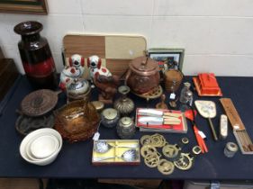 A mixed collection of copper and brass ware items, serving tray, glass ware, kitchen ware, pair of