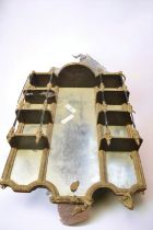 Victorian over mantle mirror/shelf, gilt and black painted plaster on wood frame, shelving to either