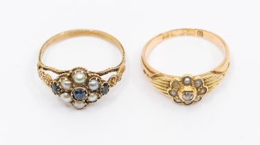A 19th century pearl and sapphire set gold cluster ring, floral cluster motif with open shoulders