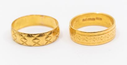 Two 22ct gold wedding bands, both with textured, sizes L12/2, and P, combined weight approx 8.