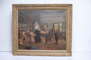 Continental School: a late 19th century oil on canvas of a scene in a home with mother, children and