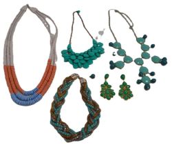 A large collection of necklaces in various colours, styles and materials, from 1970 upwards.