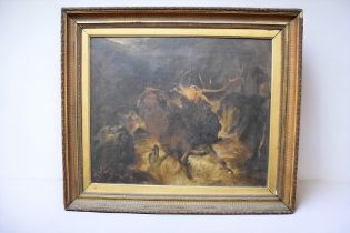 An oil on canvas of Dogs killing Deer, after Sir Edwin Landseer, signed by another artist Lavinia
