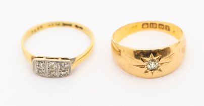 An Edwardian diamond and 18ct gold six stone ring, platinum rectangular top set with fix small