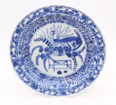 Chinese blue and white dish, possibly late 18th Century/early 19th Century. Decorated with a peacock