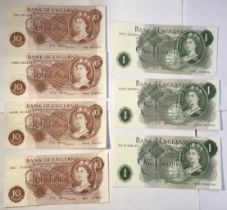 Bank of England 10s & £1 Banknotes of J.S. Fforde including two 10s First Series Prefix A46N, A96N