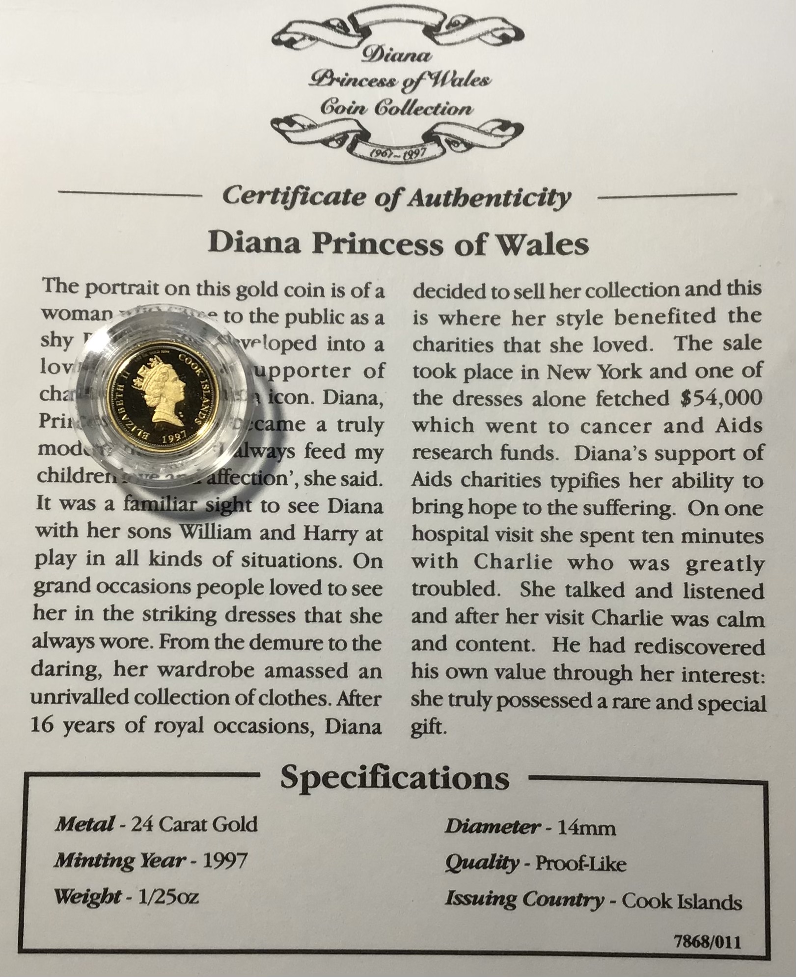 Cook Islands 24ct Gold 1/25oz 1997 $5 Coin in capsules. Commemorating Princes Diana, comes with - Image 2 of 3