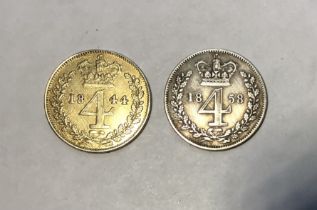 Two Victorian Maundy Four Pence 1844 (gilded) & 1858.