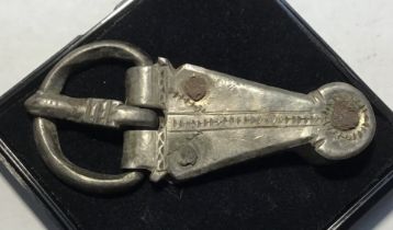 Medieval Silver Strap end, complete with serpent headed pin and iron rivets. Approximately 60mm long