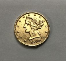 American 1900 Gold $5 Coin. Ex-mount.