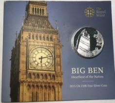 2015 Royal Mint Big Ben commemorative £100 coin in sealed sleeve. 40mm diameter, .999 silver 62g