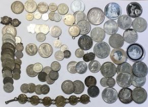 Collection of Wold Silver Coins, including US 1964 half dollars and 65-69 half dollars with other