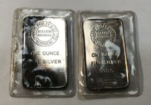 Two Sharps Pixley & Co Ltd One Ounce Fine Silver Bars, In Original Plastic wallets.
