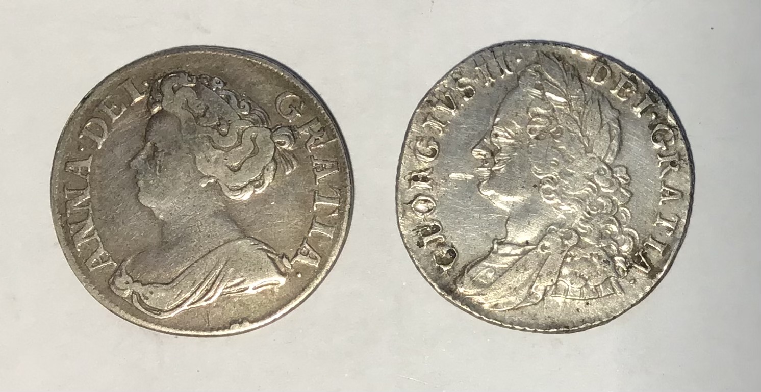 Queen Anne & George II Shillings of 1711 and 1758.