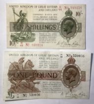 British 10s & £1 Currency Note, N.F Warren Fisher, 10s Prefix E/44 No. (with dot), £1 Prefix P1/86.