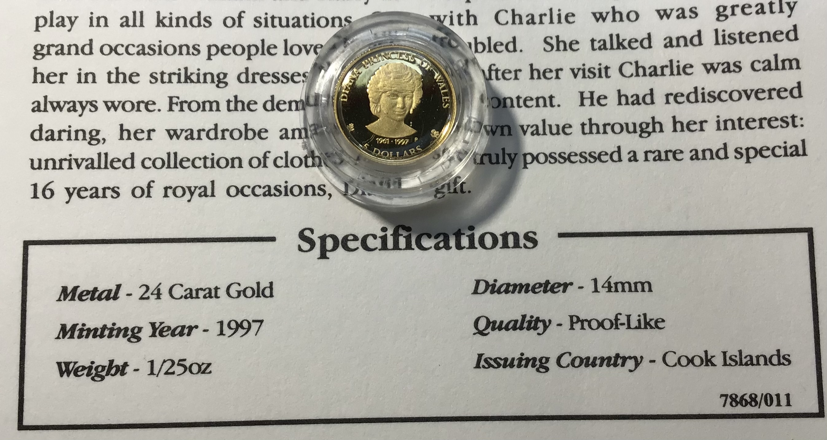 Cook Islands 24ct Gold 1/25oz 1997 $5 Coin in capsules. Commemorating Princes Diana, comes with - Image 3 of 3