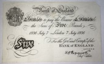 WW2 Operation Bernhard £5 Banknote, Prefix A/347 90859. (One corner tip missing)