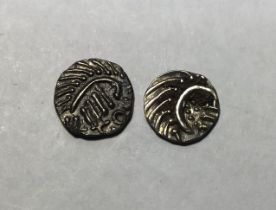 Two Early Anglo-Saxon Silver Sceat, Porcupine Type, Series E. Obverse: stylised bird, with the