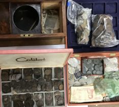 Collection of British coins in three boxes, including Victorian bun pennies, French 1862k 5c, WW2