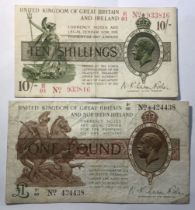 British 10s & £1 Currency Note, N.F Warren Fisher, 10s Prefix E/91 No. (with dash), £1 Prefix S1/
