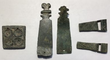 Metal detectors finds:- Pair of decorated medieval copper alloy folding clasp strap end belt