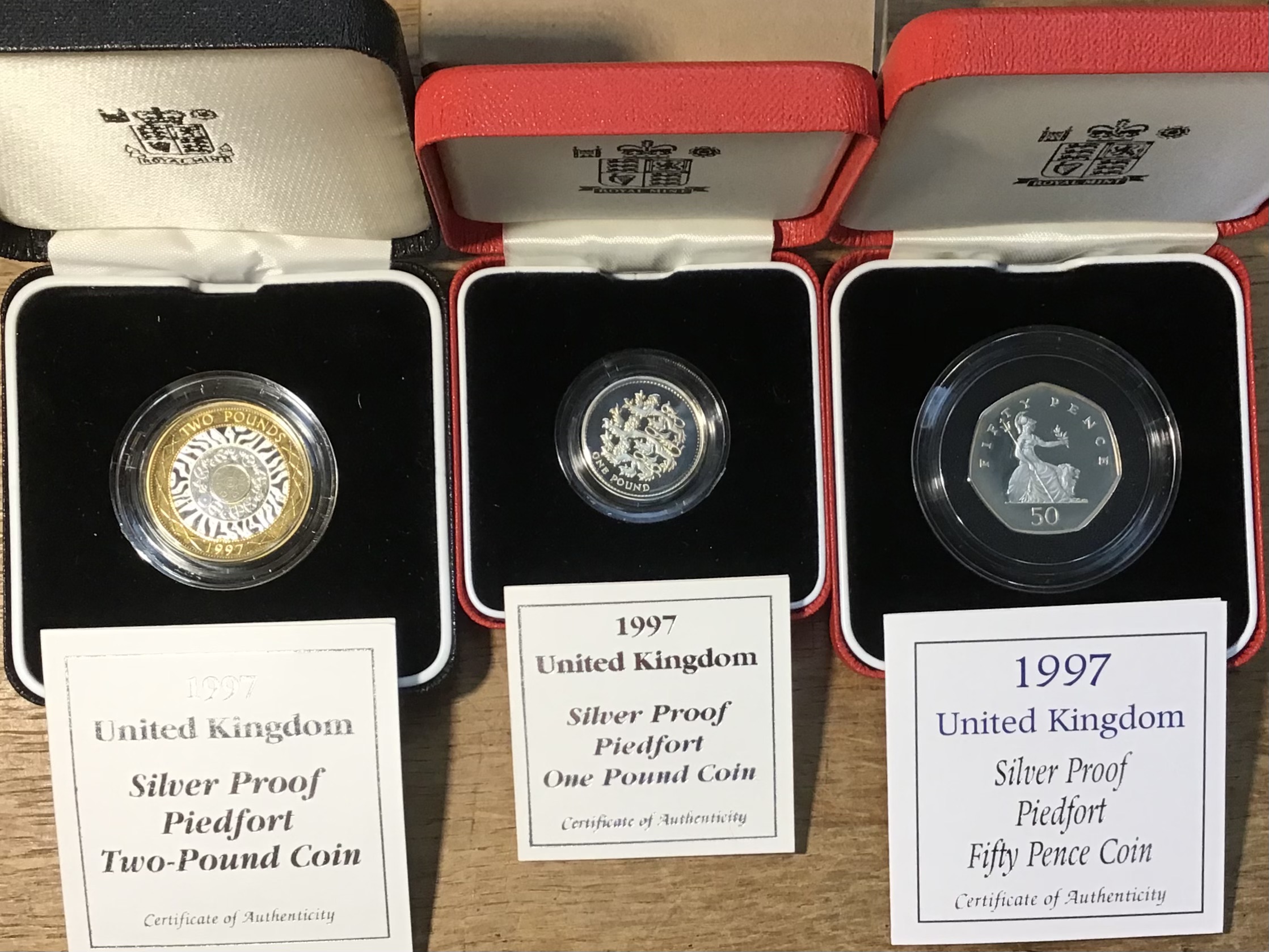 Royal Mint 1997 Piedfort £2, £1 & 50p in original cases with Certificate of Authenticity.