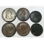 Six British Pennies, including 1797 Cartwheel, 1806, 1853OT, 1853PT & Two 1862 ‘Bun Head’. (6)