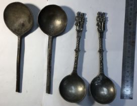 Pewter Spoons, two matching with stylised figures of a King and Queen to the top. The other spoons