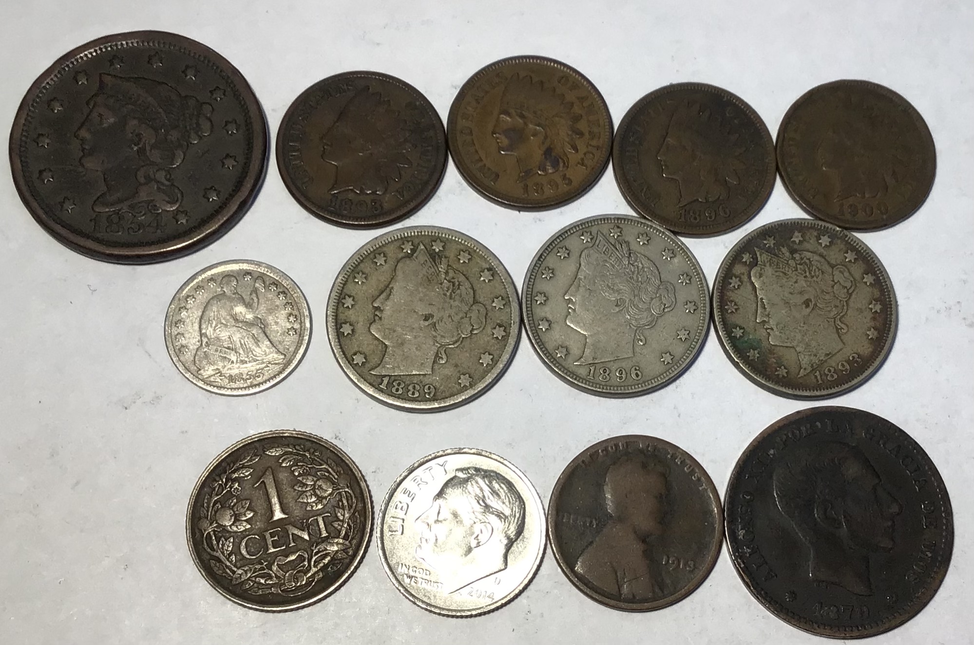 Collection of American Coins including 1855 Silver Half Dime (5 cent), 1854 large Cent, 1893,