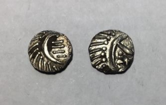 Two Early Anglo-Saxon Silver Sceat, Porcupine Type, Series E. Obverse: stylised bird, with the