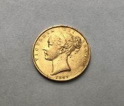 Victorian 1861 Young Head Shield Back Sovereign.