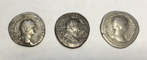 Three Roman Silver Denarius to Domitian, Vespasian (shield and Capricorn revers) and Trajan.