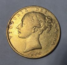 Victorian 1862 Young Head Shield back Sovereign.