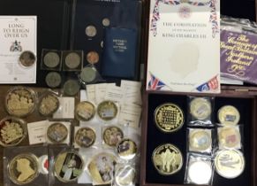 Box of Commemorative coins, some gold plated of a novelty large size.