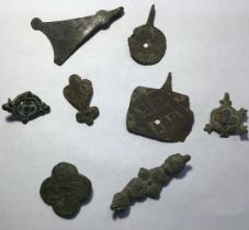 Mixed group of metal detector found items. Medieval decorated equal arm copper alloy harness