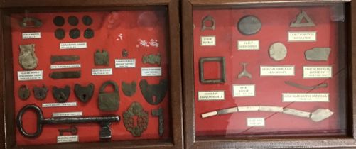 Collection of Metal Detector found items in two well made glazed mahogany display cases, includes