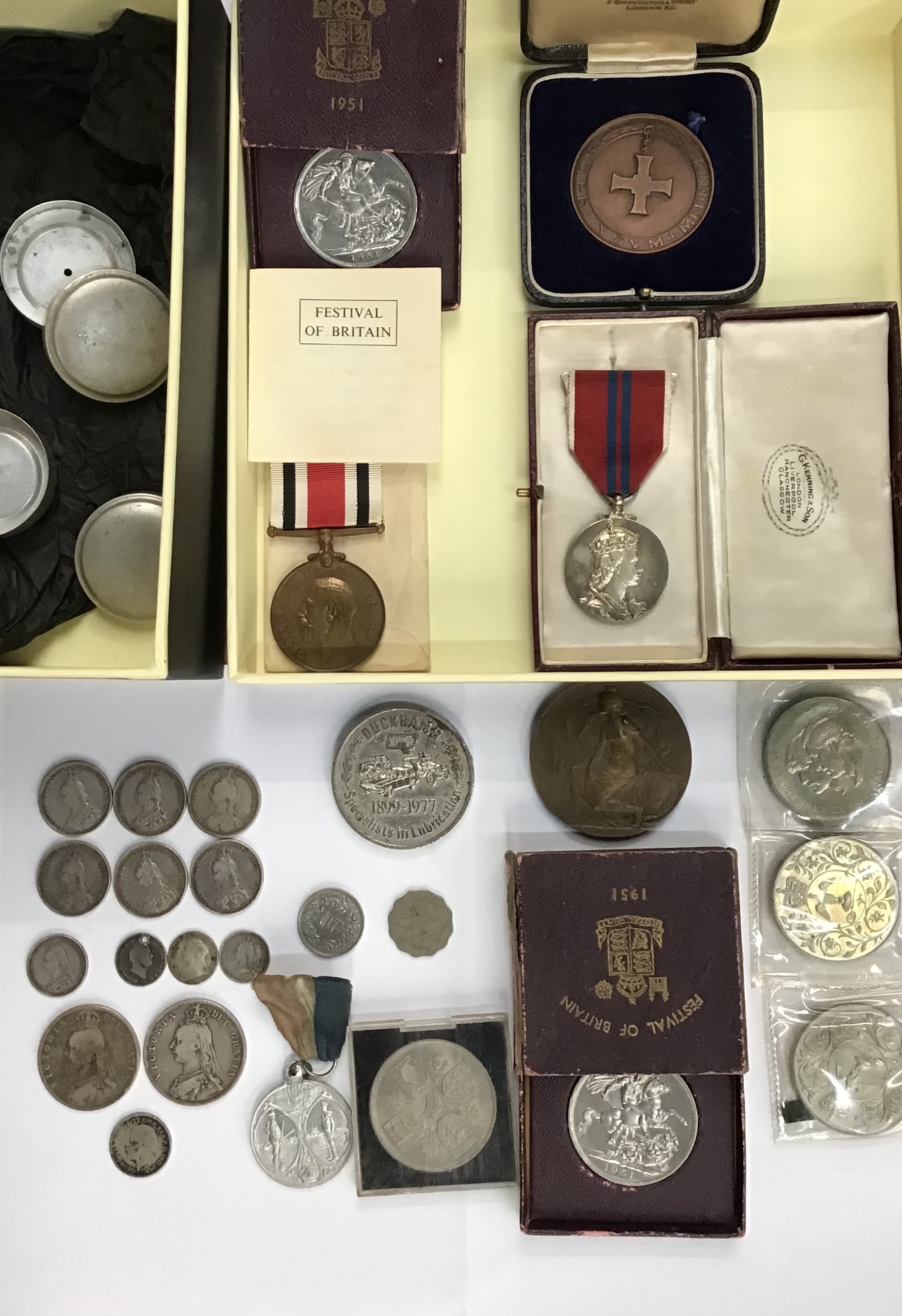 Collection of British Victorian Silver coins, 1953 Elizabeth II Coronation Medal in case, George V